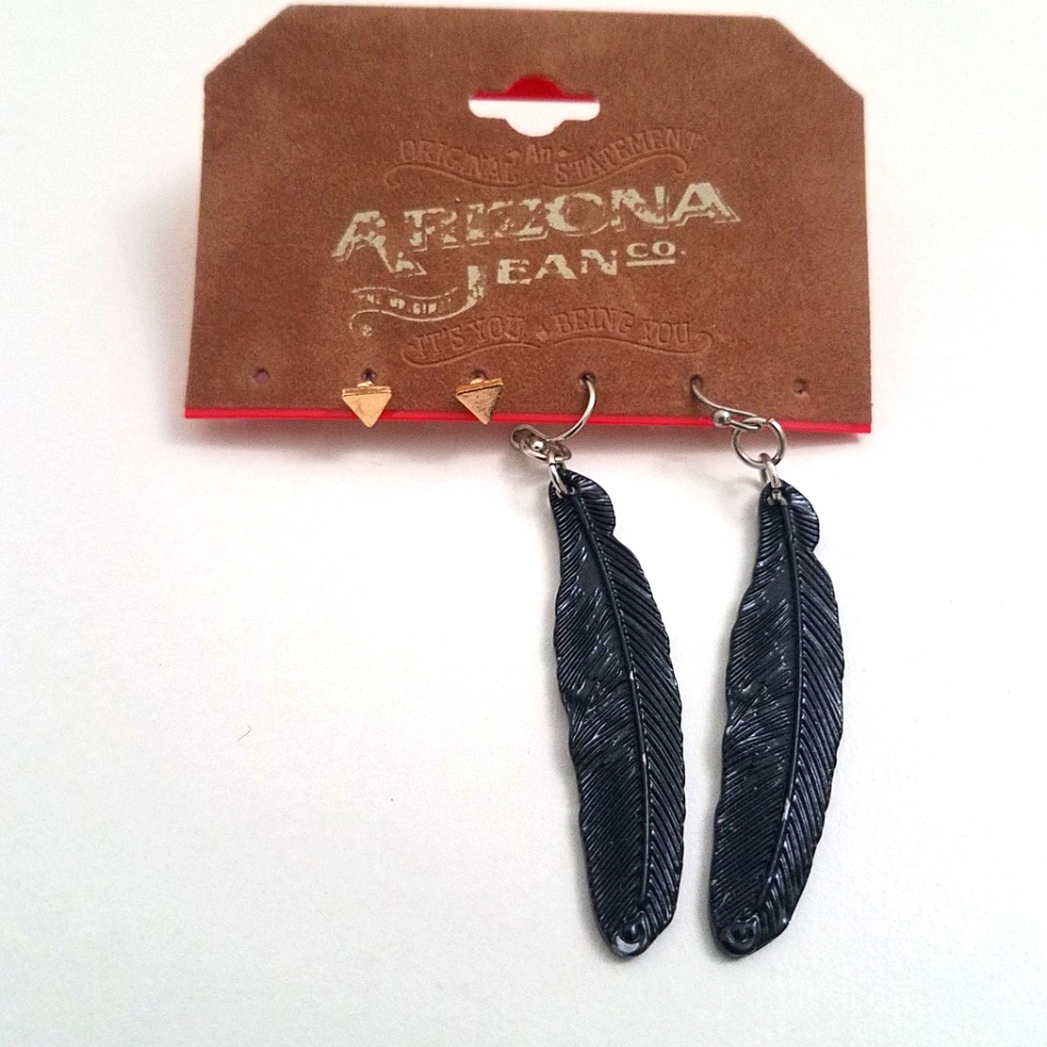 New Black Feather Earrings/Flat Gold Triangle Studs